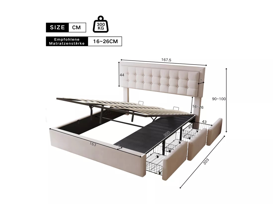 Lit capitonné hydraulique 160 x 200, points de tension sur la tête de lit, sommier à lattes, lit double avec 3 tiroirs, lin, beige