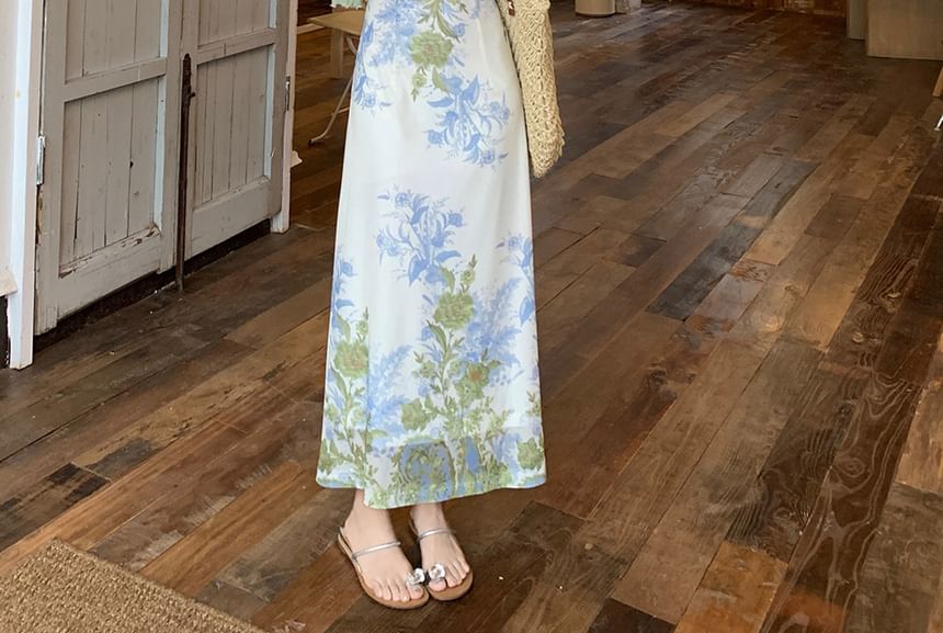Trendycas - Effen Cardigan / Spaghettibandjes Bloemen Maxi Zomerjurk
