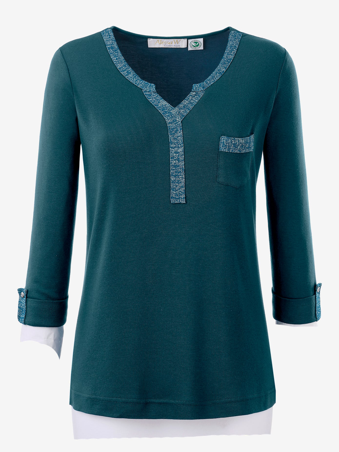T-shirt col v imprimé manches 3/4 poche poitrine