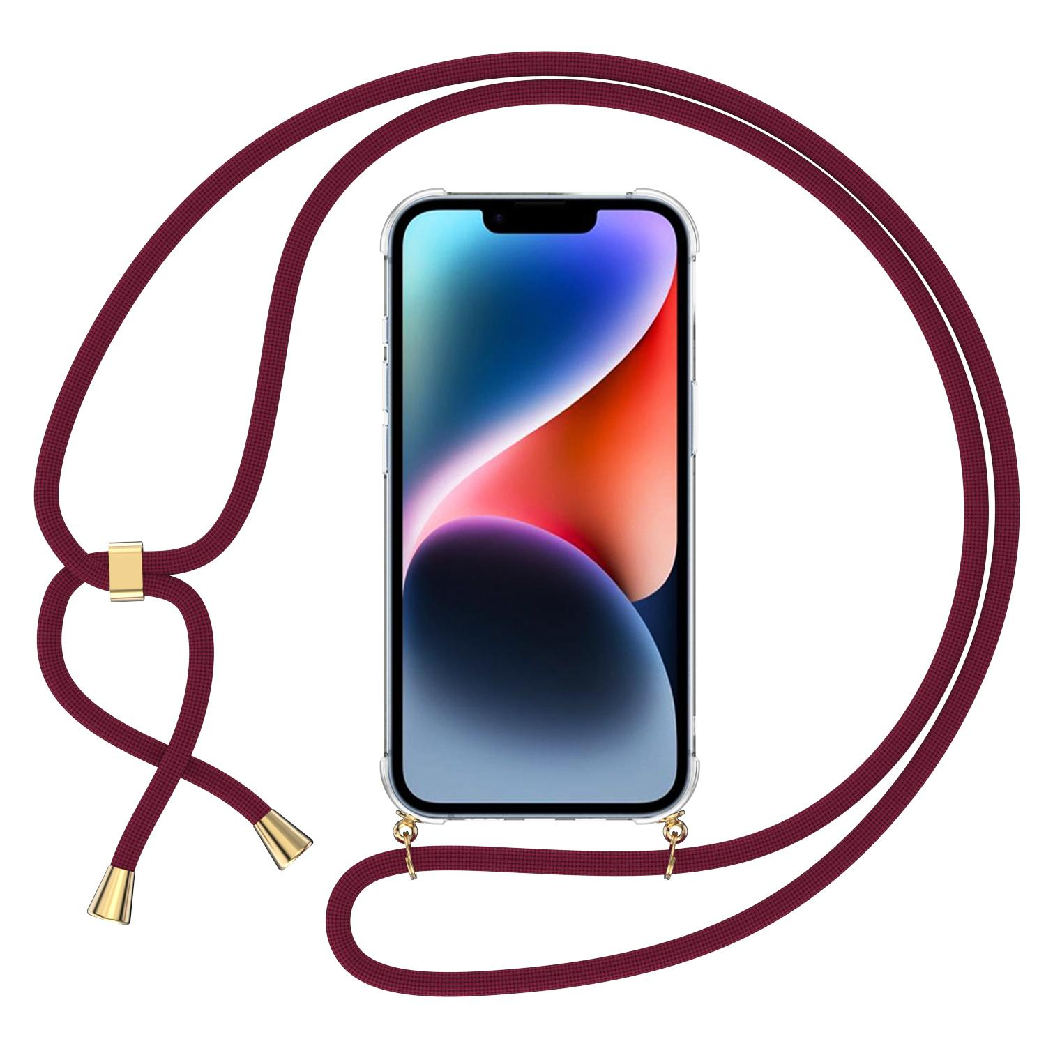 iPhone 14 Necklace Gummi Hülle Air Cushion Fallschutz   Handykette (150cm) - Transparent / Dunkelrot