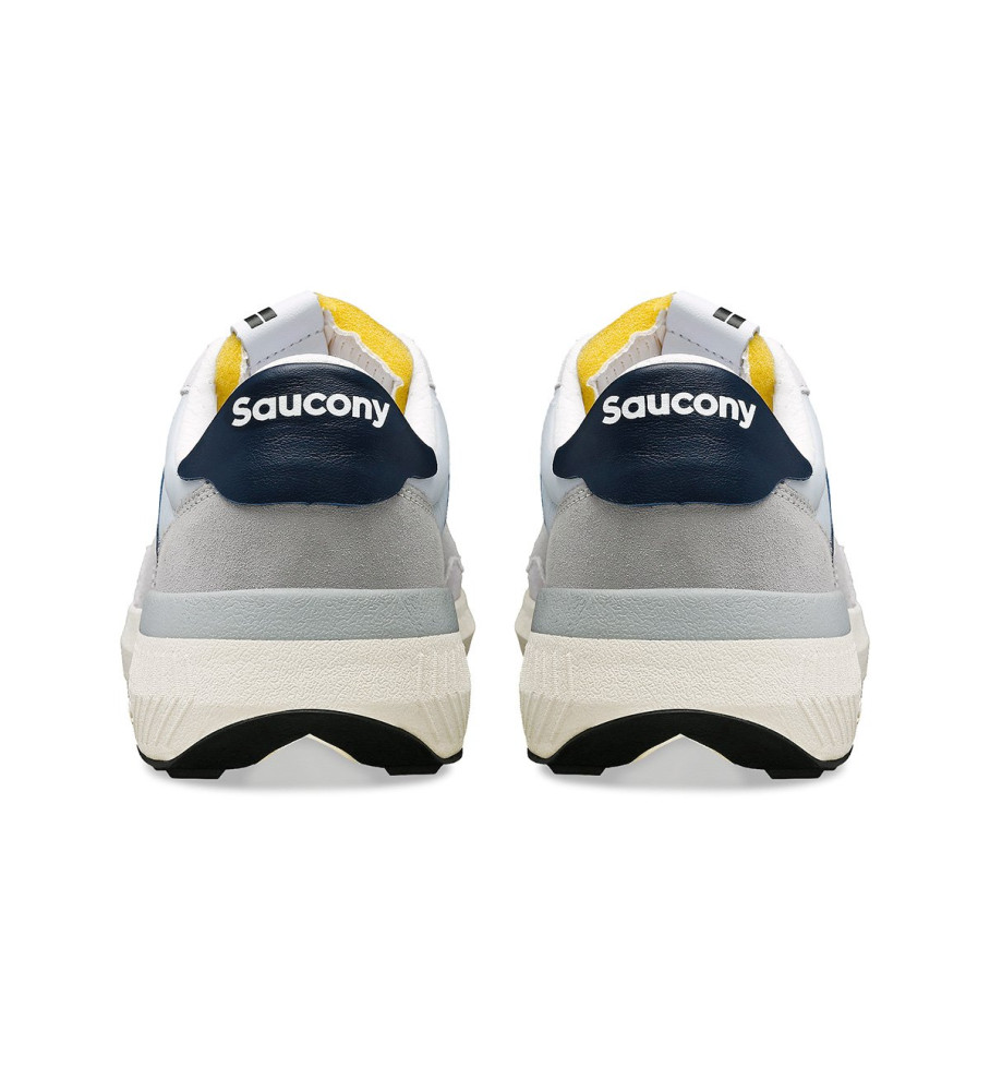 Tênis Saucony Jazz Nxt de couro, branco e azul marinho.