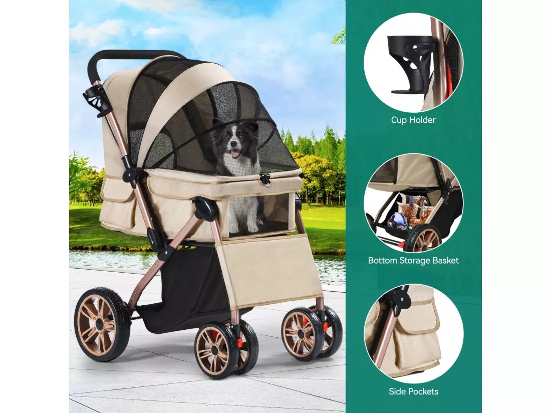 YITAHOME Poussette pour Chien Chat - avec Panier de Rangement - 4 Roulettes - Pliable - Chêne