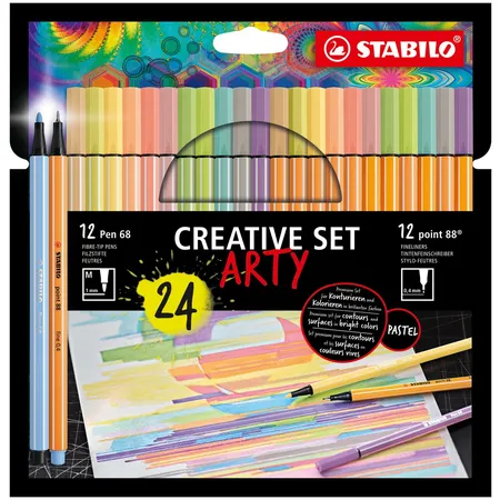 Fineliner & Premium-Filzstifte - STABILO point 88 & Pen 68 - ARTY - 24er Pack - in Pastellfarben - 12x point 88 in 12 Farben, 12x Pen 68 in 12 Farben