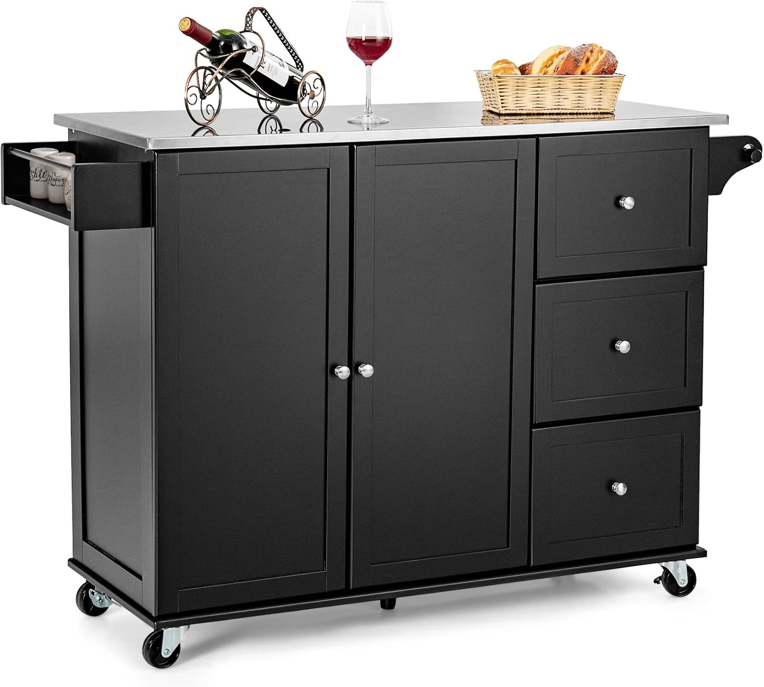 GIANTEX Küchenwagen mit Edelstahlplatte, Küchenschrank mit Rollen, bewegliche Kücheninsel mit 3 Schubladen & Verstellbaren Ablagen, Servierwagen Rollwagen Holz, Küchentrolley 135x45,5x91,5cm (Schwarz)