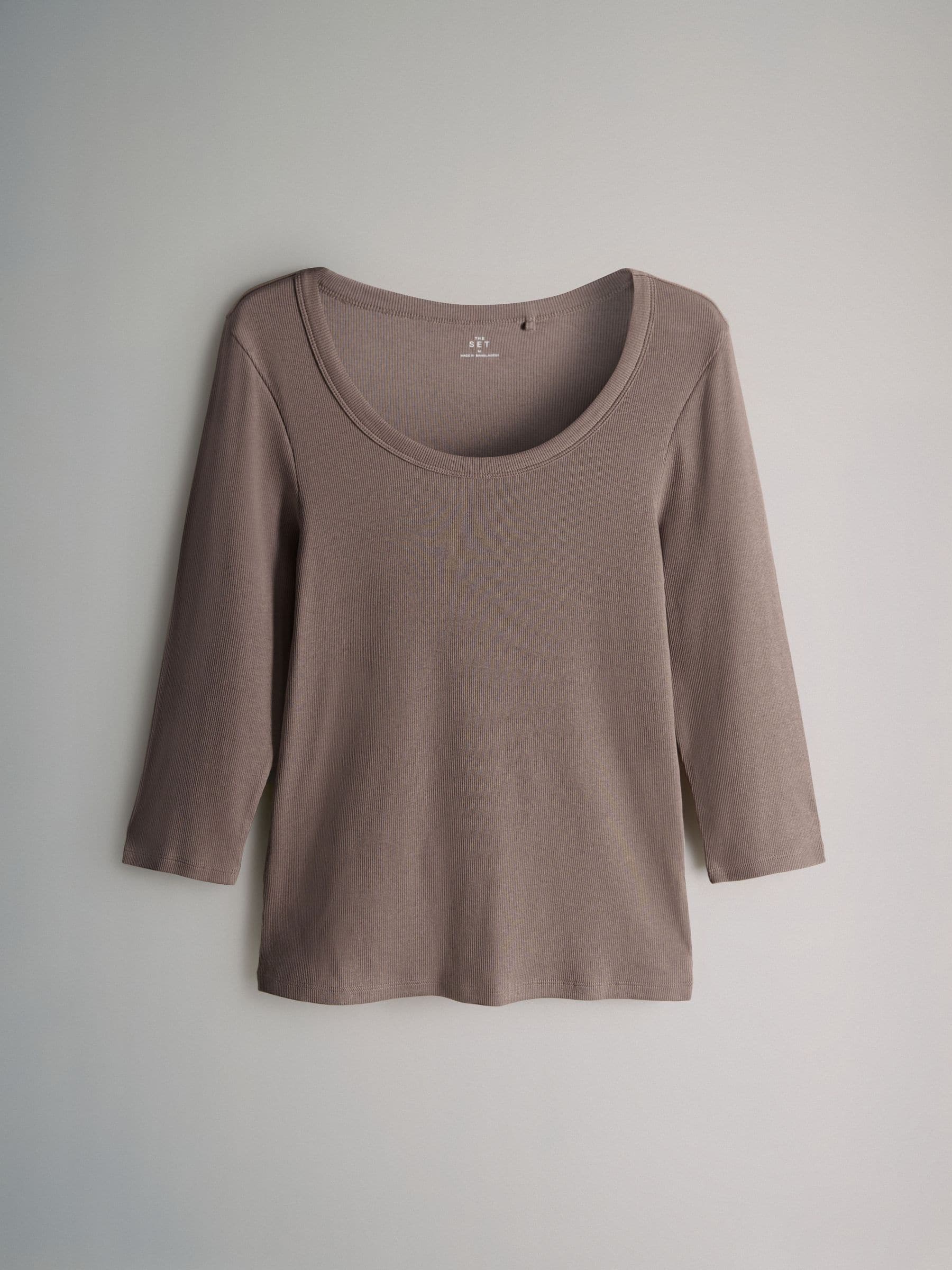 Stripe/Chocolate/Taupe Brown/Stone - The Set 4 Pack Scoop Neck 3/4 Sleeve Ribbed T-Shirts