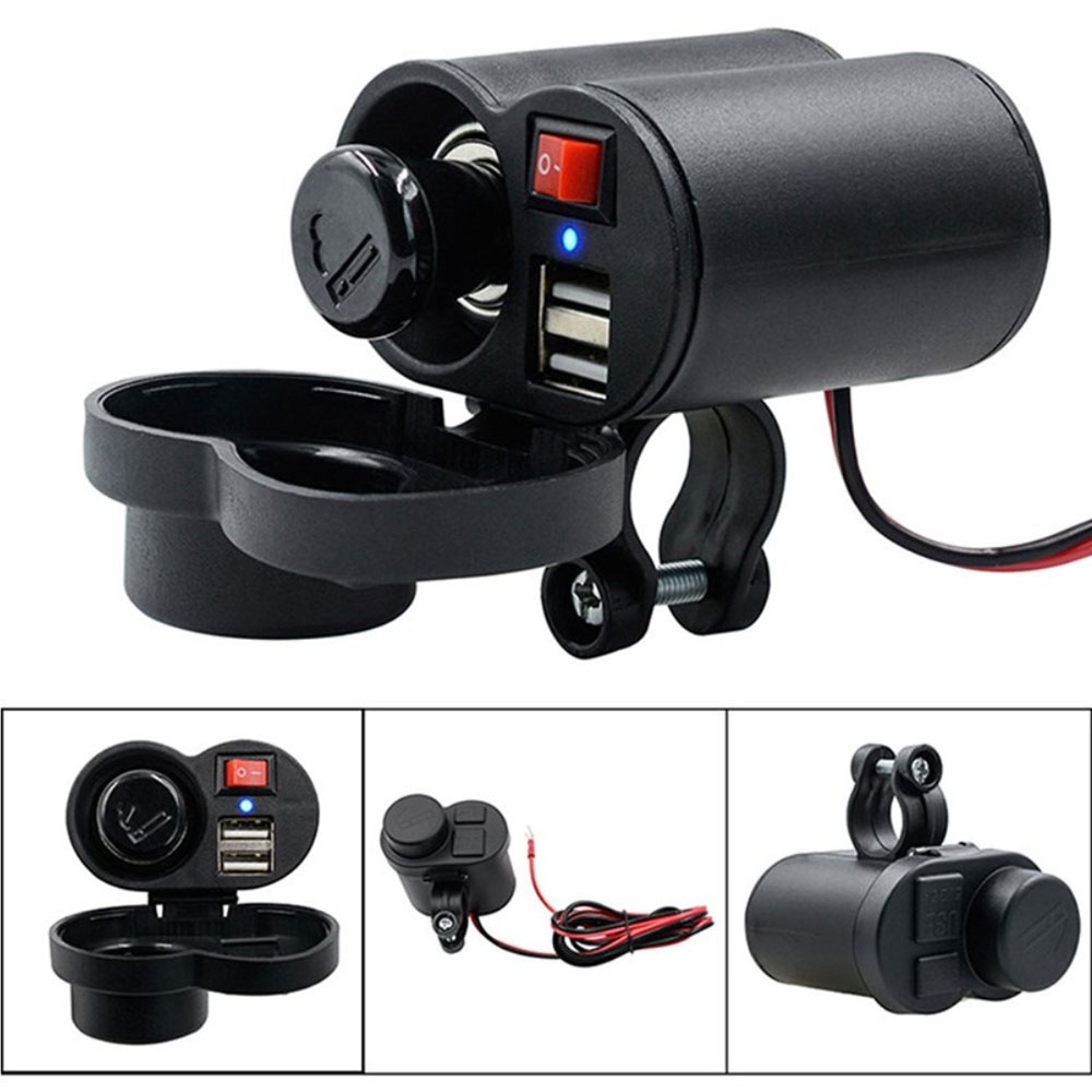 (2.5A) 2in1 Dual USB Ladegerät mit Zigarettenanzünder 12-24V (Spritzwassergeschützt) für Motorrad / Roller / Töff - Schwarz