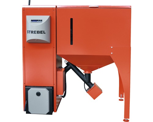 Strebel Biotec 25S rode 25 kW pelletketel met 500 liter pelletvoorraad, rechterzijde