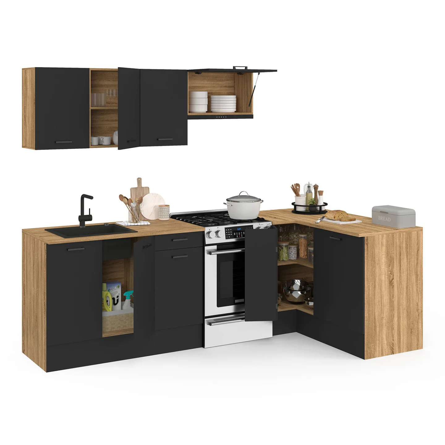 Cuisine complète d'angle 400 CM SUBTIL avec plan de travail 7 élements bois et noir