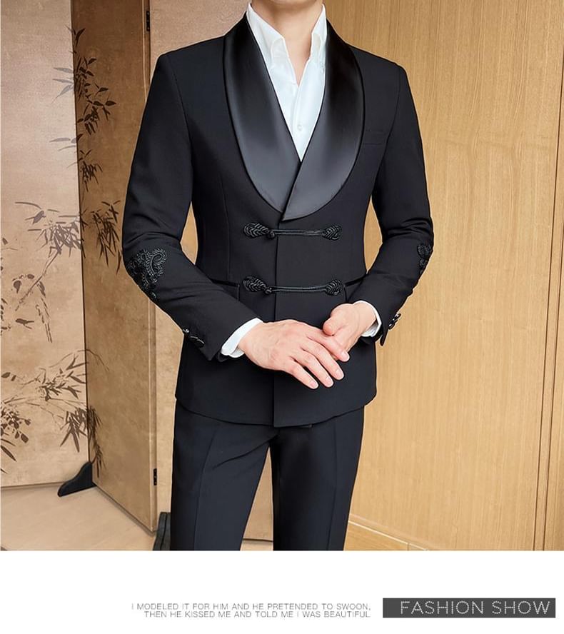 Sheck - Set: Sjaalkraag effen dubbelrijs blazer + middelhoge effen wijde broek