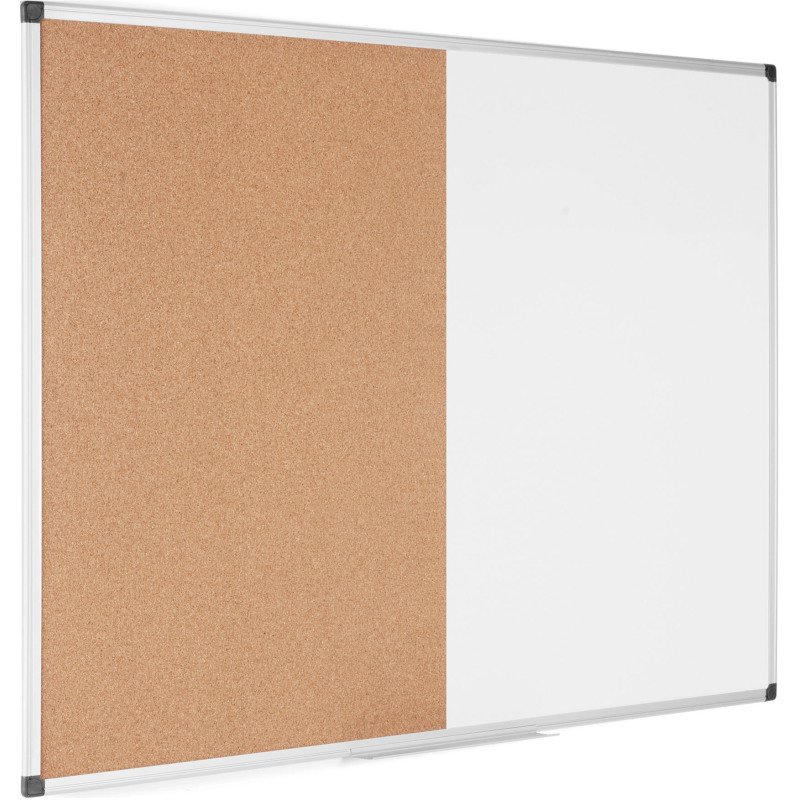 Tableau combiné magnétique Maya de Bi-Office, surfaces en liège et en acier laqué effaçable, cadre en aluminium, 120 x 90 cm