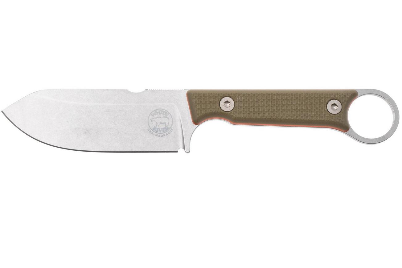 White River Firecraft 3.5 Pro, Stonewashed Magnacut, Green G10, survivalmes, Kydex schede met firesteel