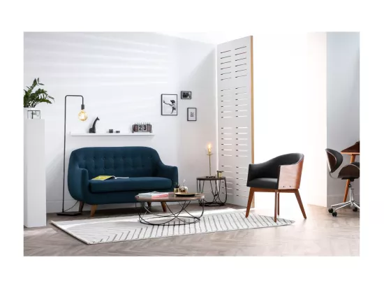 Canapé scandinave déhoussable 2 places en tissu bleu canard et bois clair YNOK