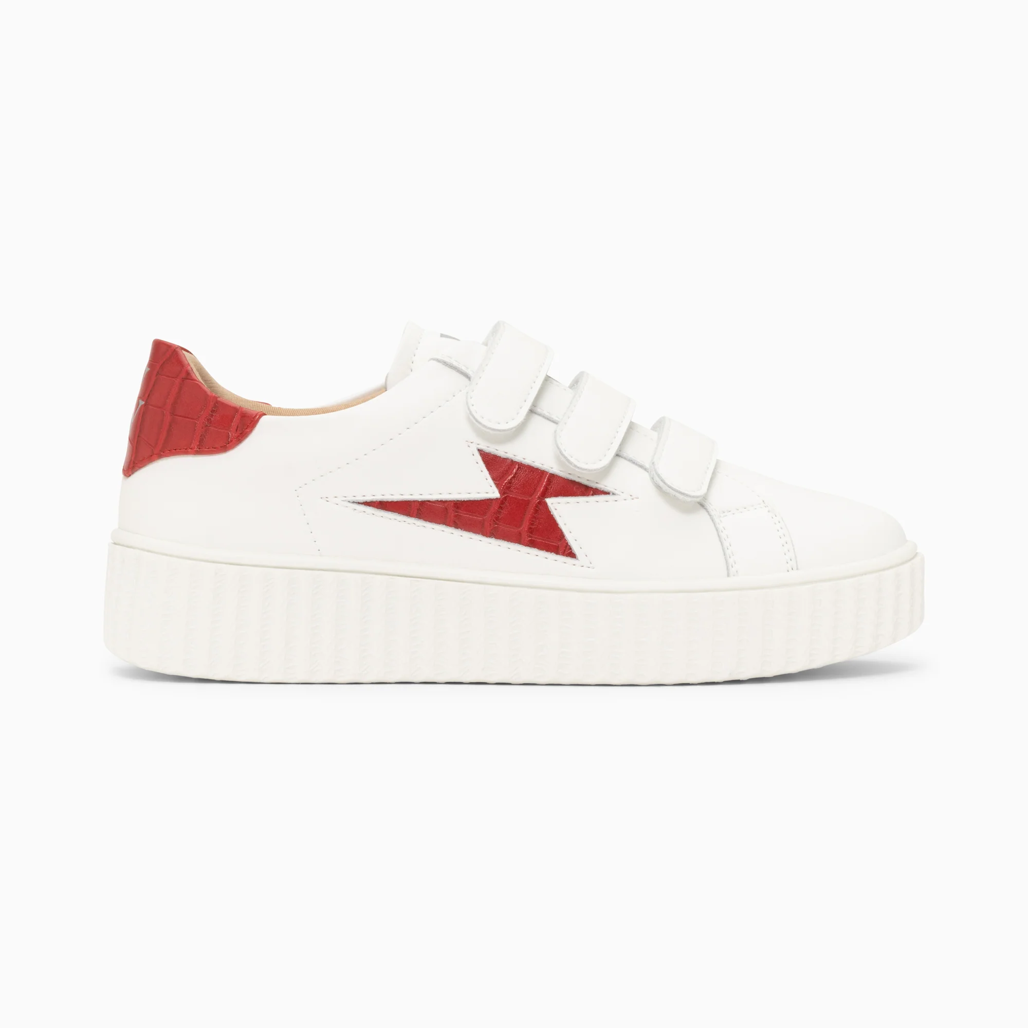Sneakers-Baskets éclair Elsa blanc et rouge croco à scratchs
