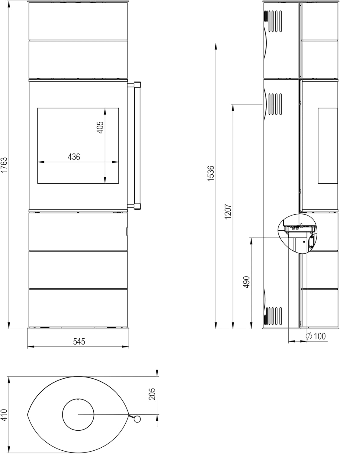H&M Germany Kaminofen Citro 2.0 XL schwarz schmaler ovaler Ofen 6kw schlicht modern A+ Abgasstutzenanschluss Durchmesser 150mm Bauart 1 Holz Reelinggriff