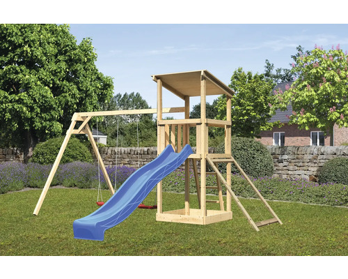 Speeltoren/speelhuis Karibu Anna, 107 x 107 cm, van hout, bestaande uit een glijbaan, 2 schommelzitjes en een blauwe nethelling.