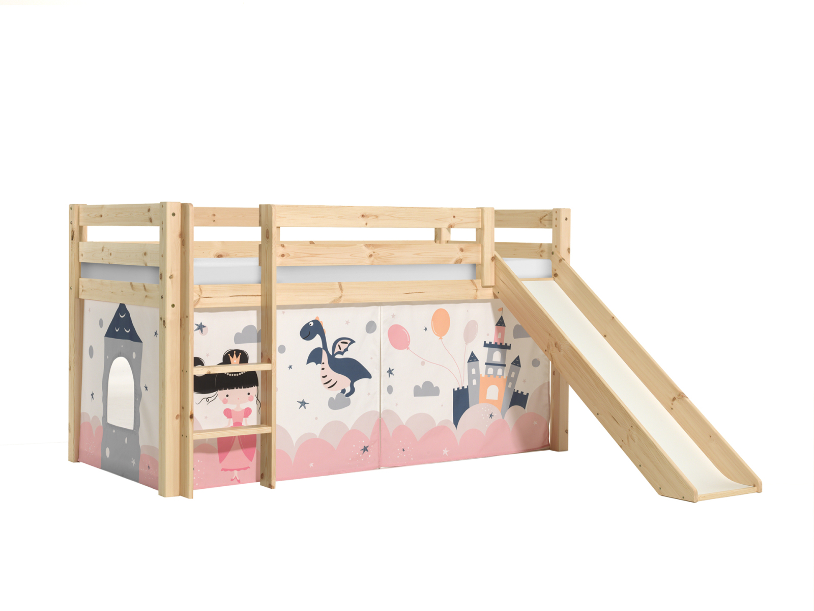 Halbhochbett PINO - Princess Sophie - Kiefer natur Massivholz - mit Rutsche - 90x200 cm