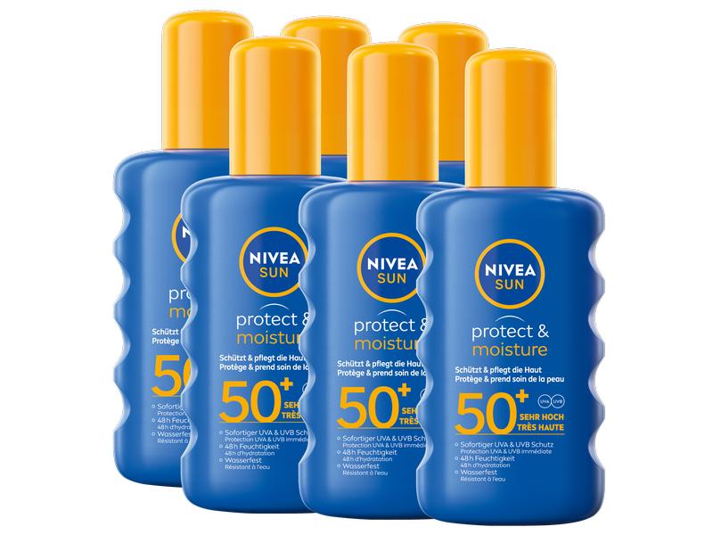 NIVEA SUN Sonnenspray Protect and Moisture LSF 50  6 x 200 Sofortiger Sonnenschutz und Pflege