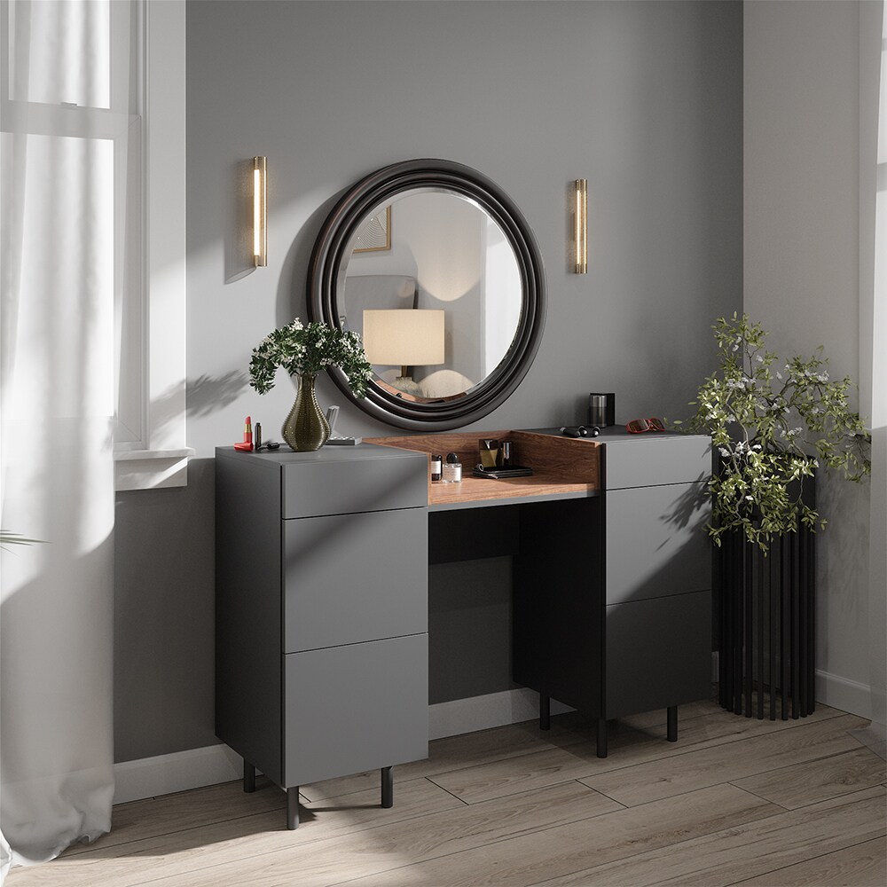 Vicco Schminktisch Anika, 120 x 80 cm, Anthrazit Walnussbraun mit 6 Schubfächer