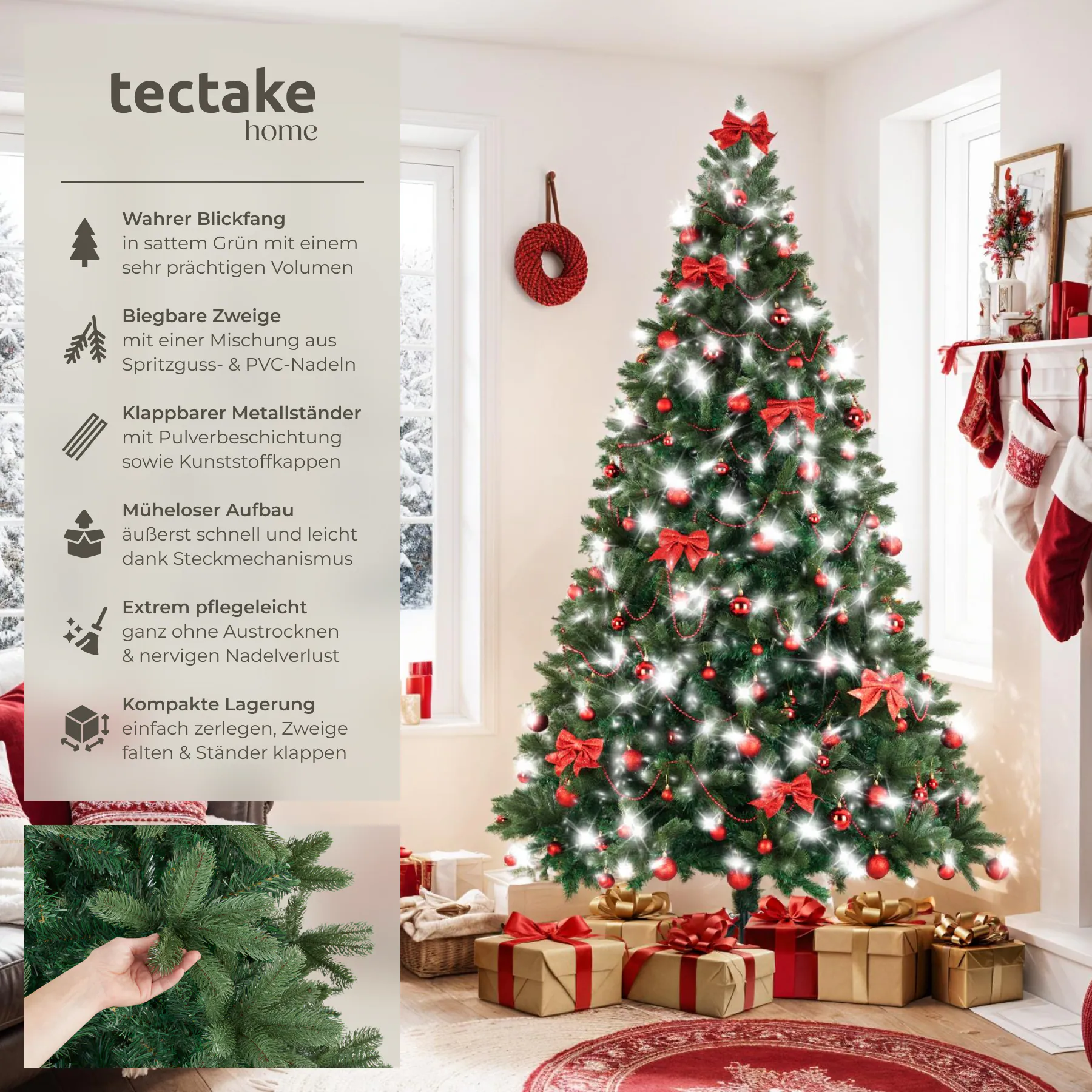 tectake® Weihnachtsbaum, verschiedene Größen, künstlich in Grün, mit PVC- und Spritzgussnadeln, formbar mit viel Volumen, pulverbeschichteter Metallständer mit Kunststoffkappen