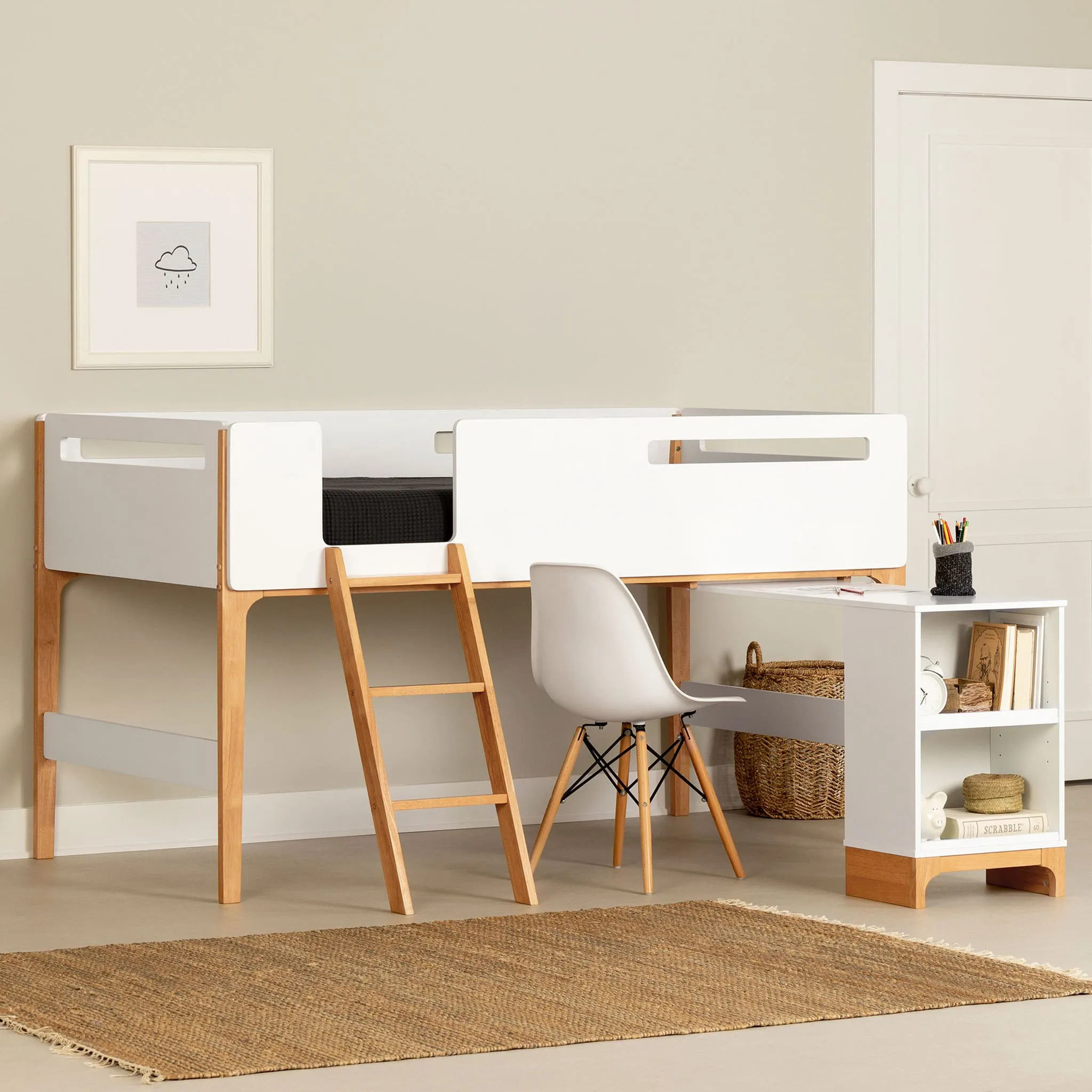 South Shore Lit Simple Mezzanine avec bureau - Bebble Blanc et Naturel
