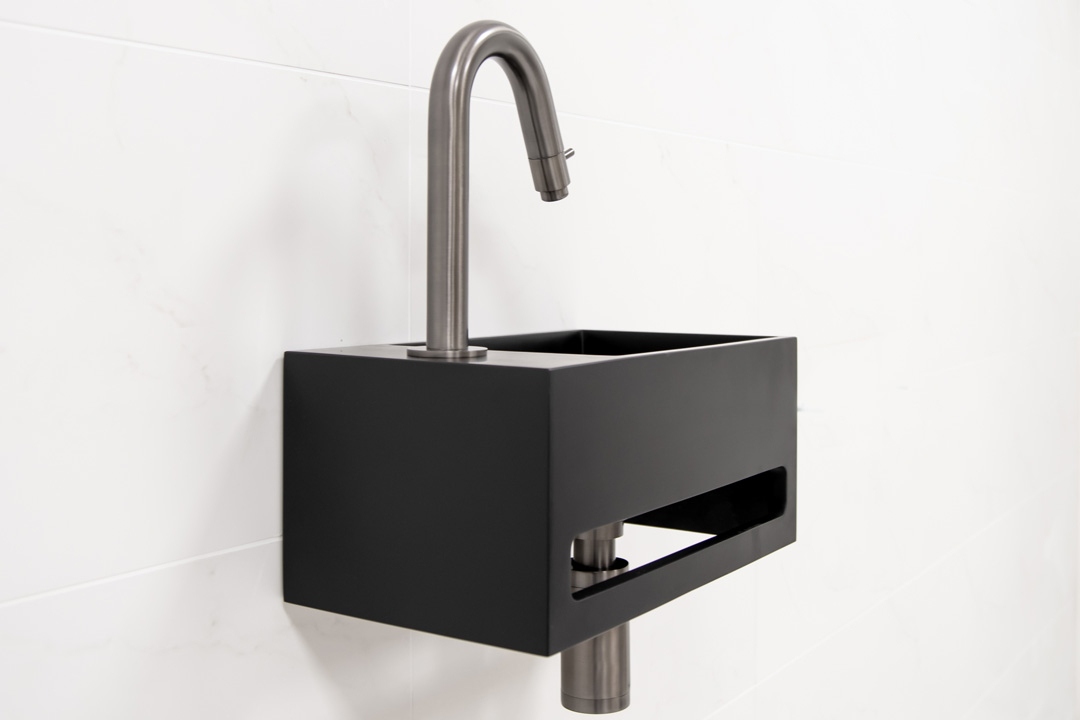 Saniclear Bali fonteinset links met mat zwarte fontein en gebogen kraan in verouderd ijzer - gunmetal