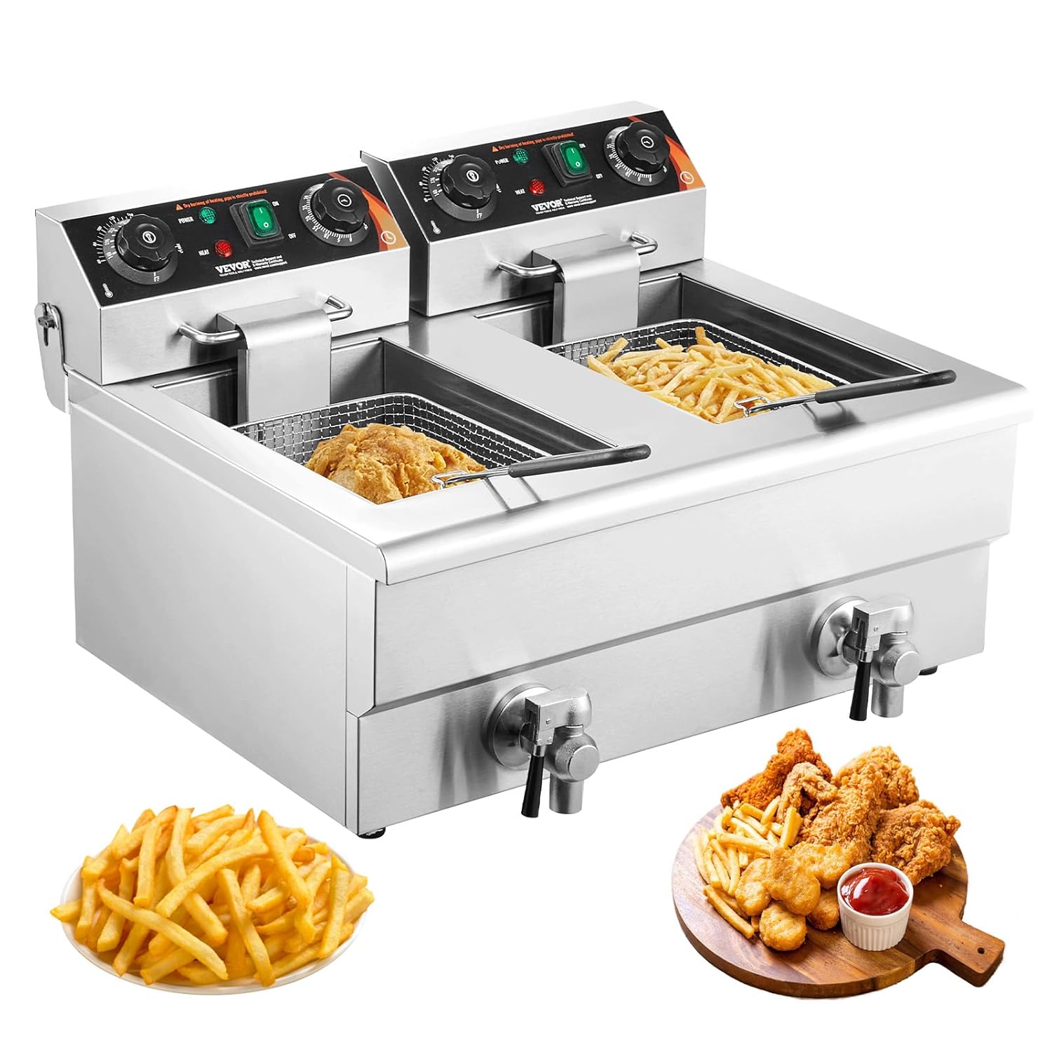 VEVOR Kommerzielle Elektrische Fritteuse, 24 L Fassungsvermögen, Fritteuse mit Doppeltem & Abnehmbarem Korb, 3000 W Edelstahl, Doppel-Fritteuse für Küche, Restaurant, Imbissstube usw.
