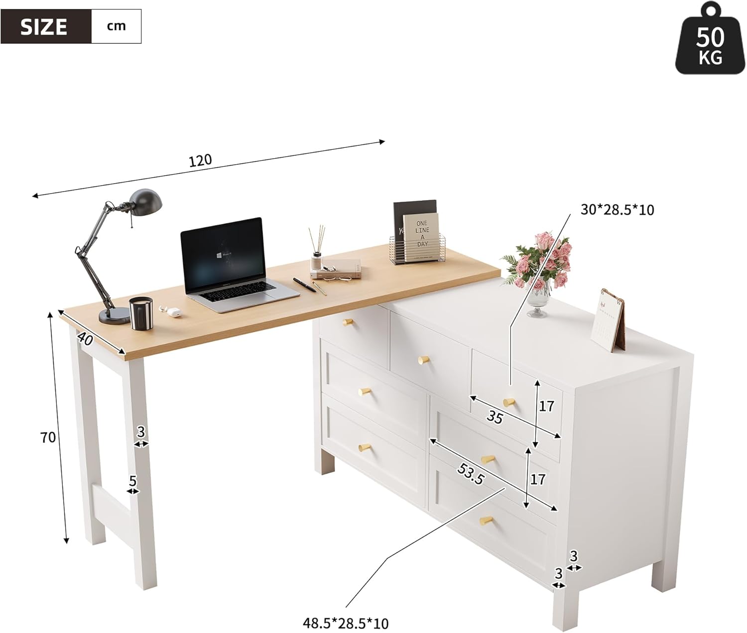 Merax Schreibtisch mit 7 Schubladen, 2-in-1 Sideboard und Arbeitsplatz, 360° drehbar, L-förmiger Eckschreibtisch oder Frisiertisch, Viel Stauraum & modernes Design, einfache Montage, Weiß & Holzfarbe