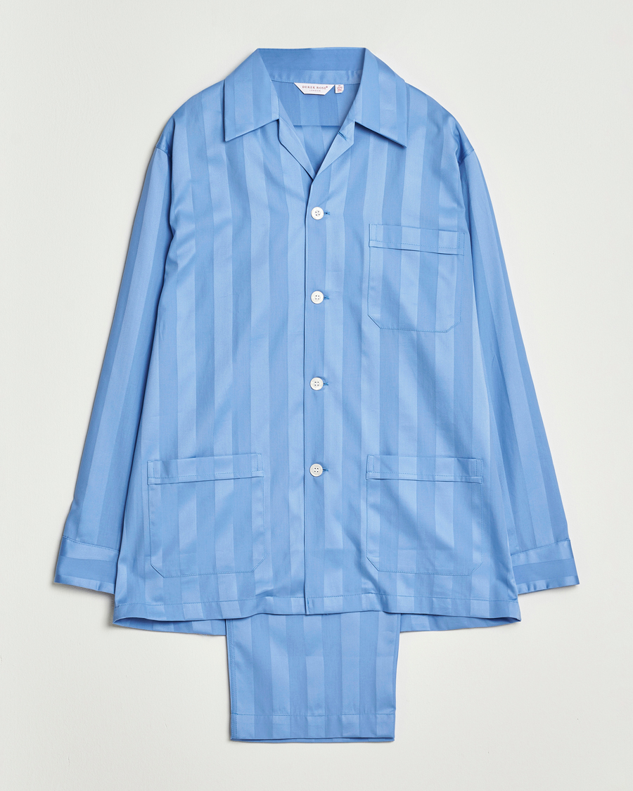 Derek Rose Striped Cotton Satin Pyjama Set French Blue