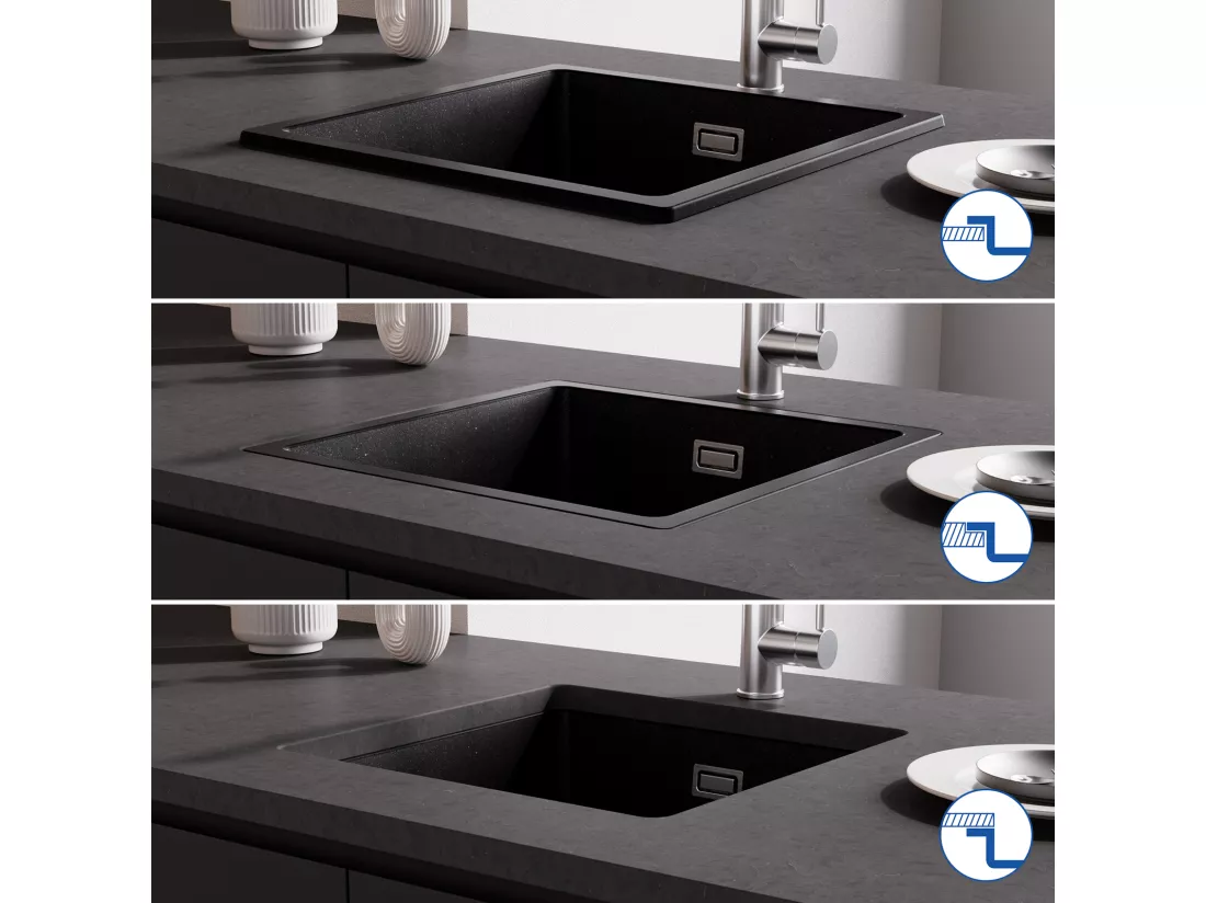 Evier 1 Bac en Quartz et Résine, 3 Options de Montage, 45*44*20cm + Mitigeur Cuisine Avec Douchette Extractible