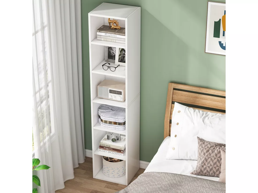 Tribesigns Bibliothèque étroite de 180 cm de Haut - Moderne - Blanc - avec Espace de Rangement - 6 étagères cubiques - pour la Maison et Le Bureau