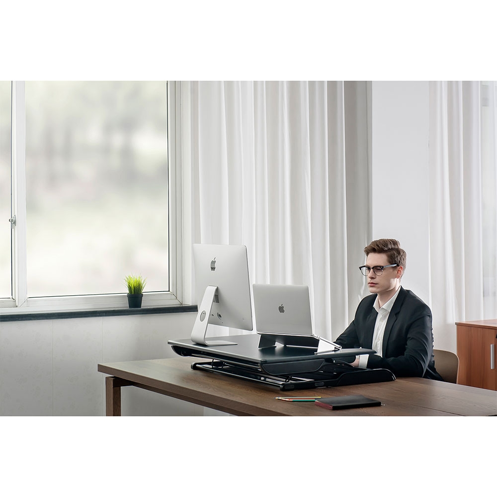 Sit Stand Höhenverstellbarer Alu Stehpult Tischaufsatz Ständer für Laptop / Monitore und Maus / Tastatur - Weiss