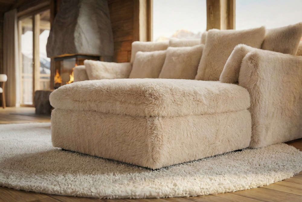Großer Sitzhocker YETI 100cm beige sand Shaggy-Stoff langfloriger Plüsch Sofahocker