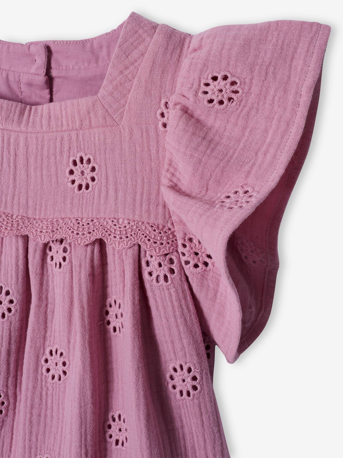 Blusa de chiffon de algodão cru com bordado floral para meninas