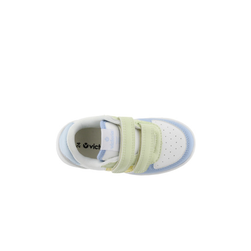 Tênis Victoria Tiempo em couro sintético com detalhes coloridos e fecho de velcro.