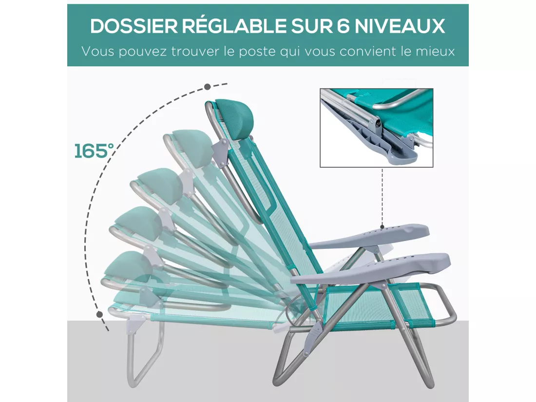 Lot de 2 chaises de jardin camping plage pliables tétière dossier inclinable 6 niv. alu. teslin gris