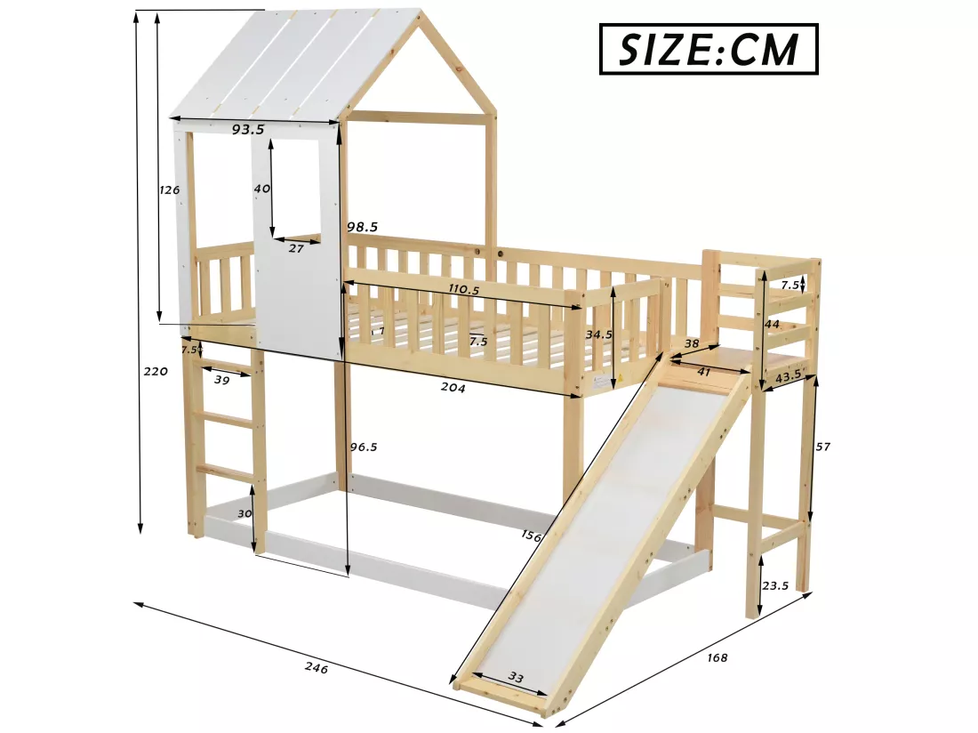 Lit superposé pour enfant 90 x 200 cm avec toboggan + sommier, coloris: naturel et blanc