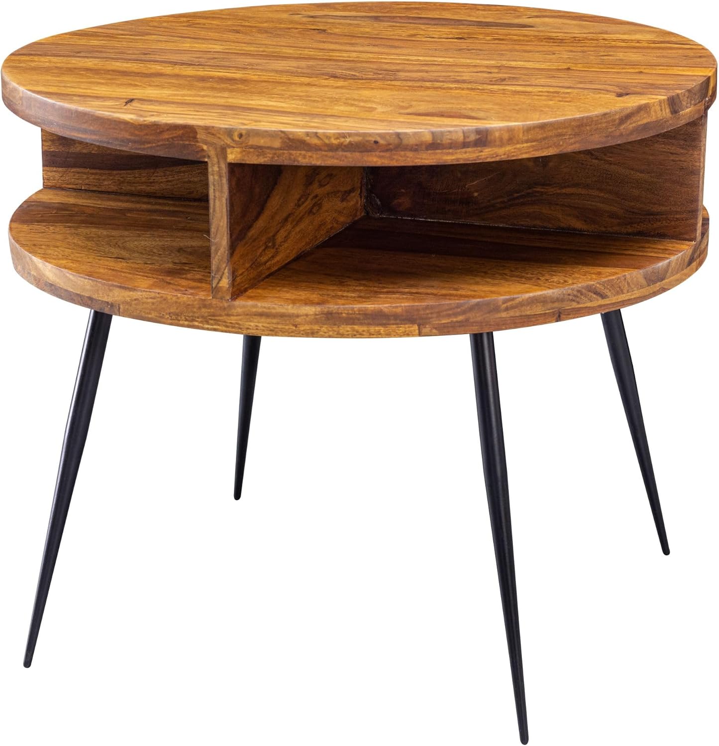 FineBuy Couchtisch Sheesham Massivholz rund Ø 60 cm – Wohnzimmertisch mit offener Ablage & schwarzen Metallbeinen, Design Tisch handgefertigt im modernen Retro Stil Braun