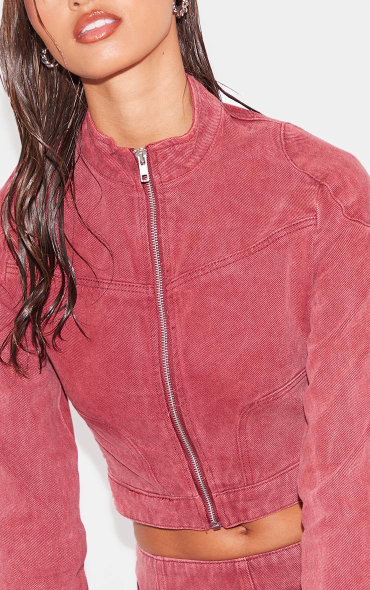 Washed Red Veste En Jean Courte Col Montant
