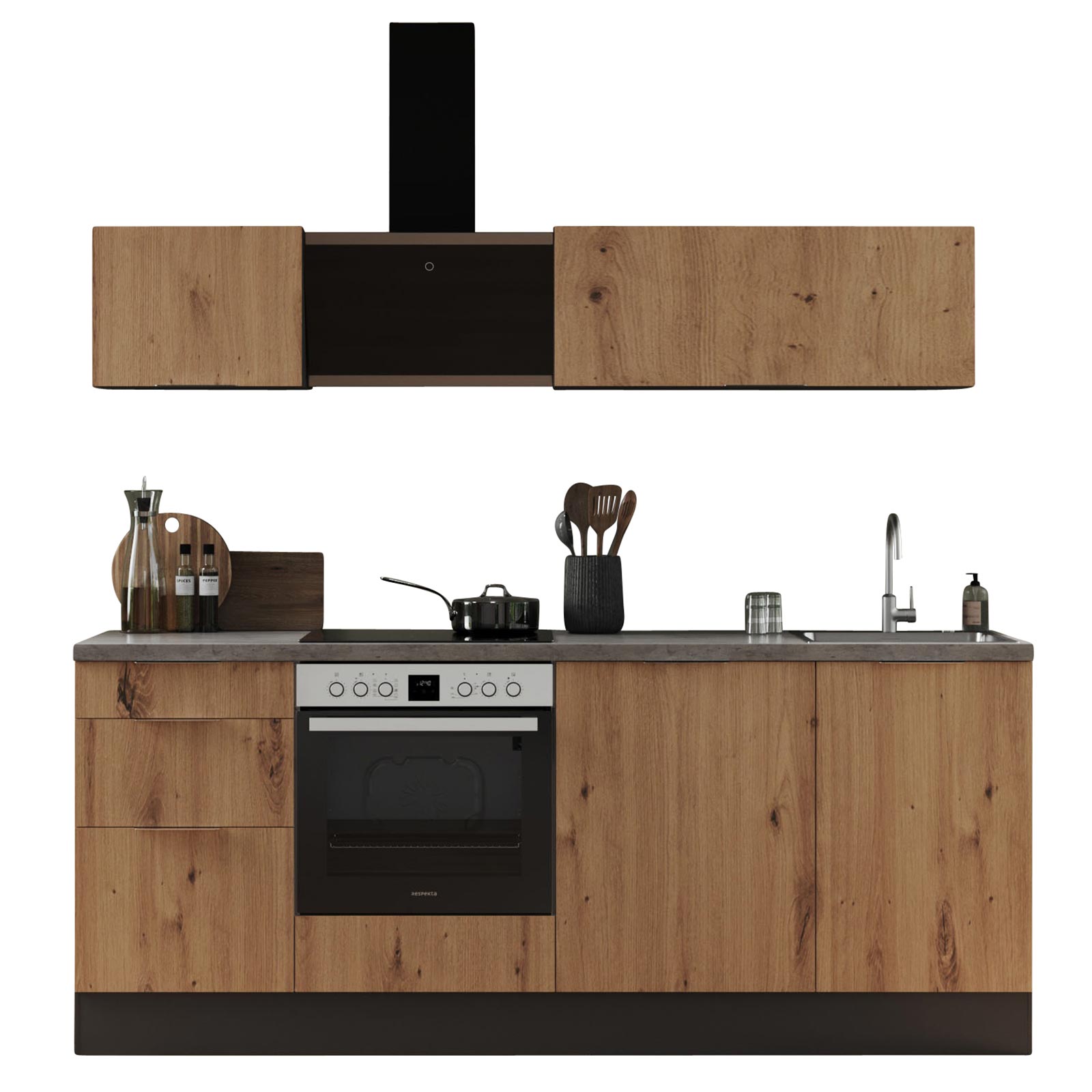 RESPEKTA Küchenblock - Artisan Eiche - grau matt - mit E-Geräten - 220 cm