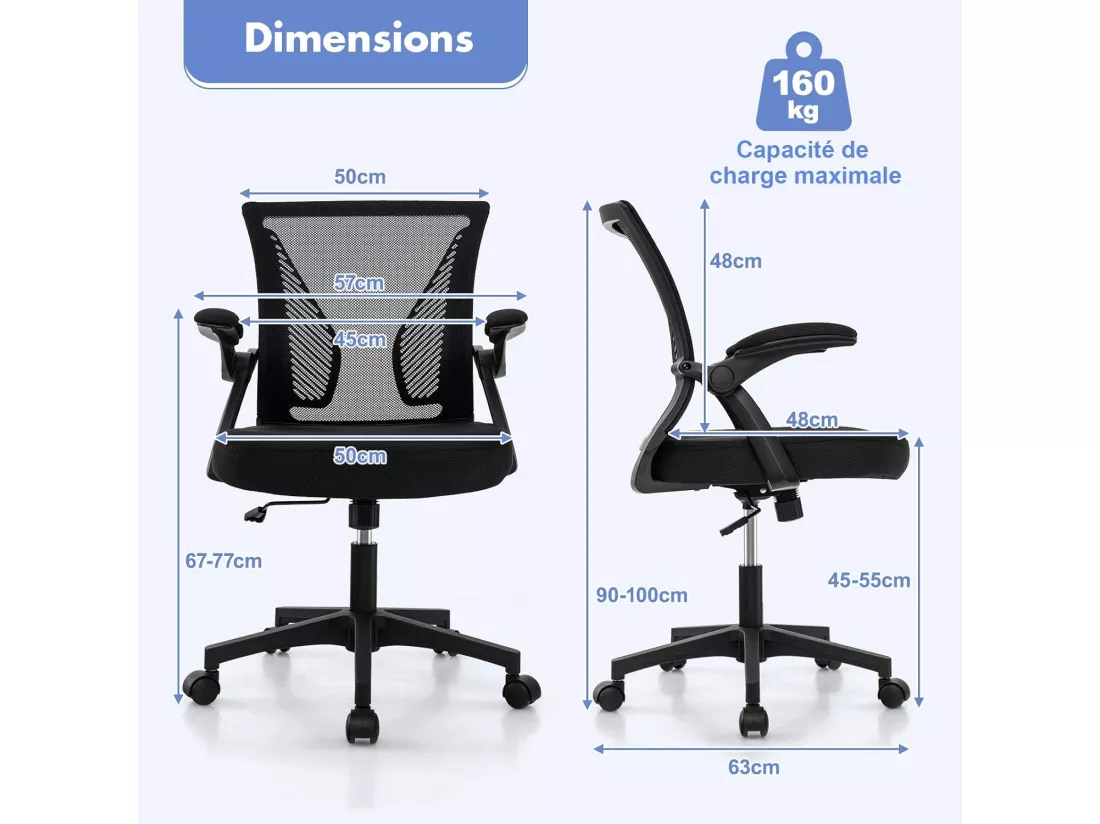 Chaises de Bureau Ergonomique, Chaises de Conférence Pivotante Réglable en Maille avec Accoudoirs Rabattables, Dossier à Bascule à 30°, Noir