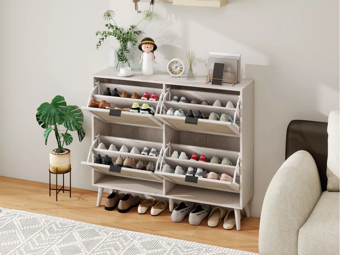 Meuble à chaussures rétro blanc à 4 portes, look en rotin, double étagère, 105 cm, avec fond arrière, idéal pour couloir et espaces similaires