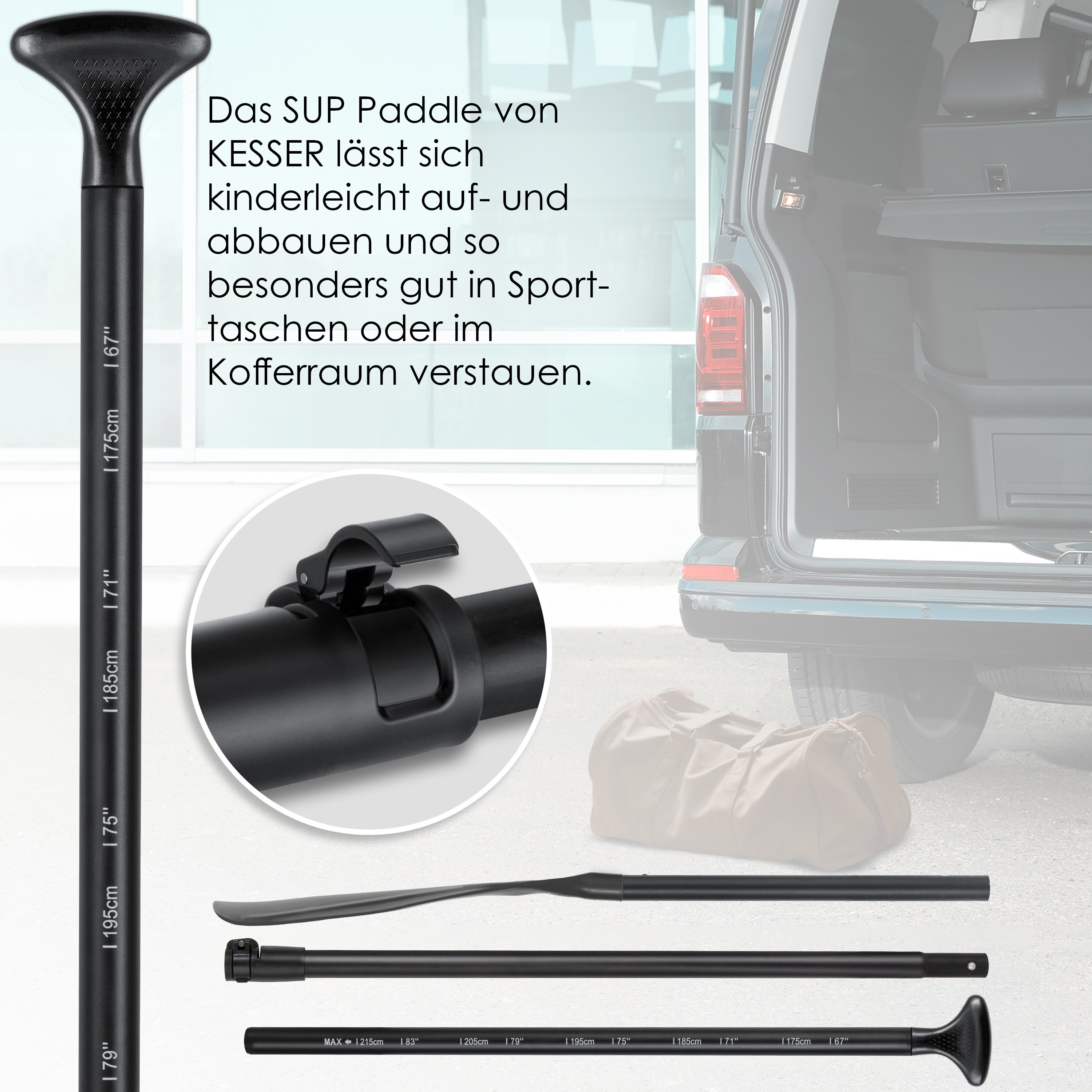 KESSER® Paddle - 3-teilig für Kayak SUP Stand-Up Paddling Board Stechpaddel, Verstellbar Teleskop 165cm-215cm Aluminum für Stand Up Paddel Kajakfahren Surfboard Boot Anti-Rutsch Stecksystem