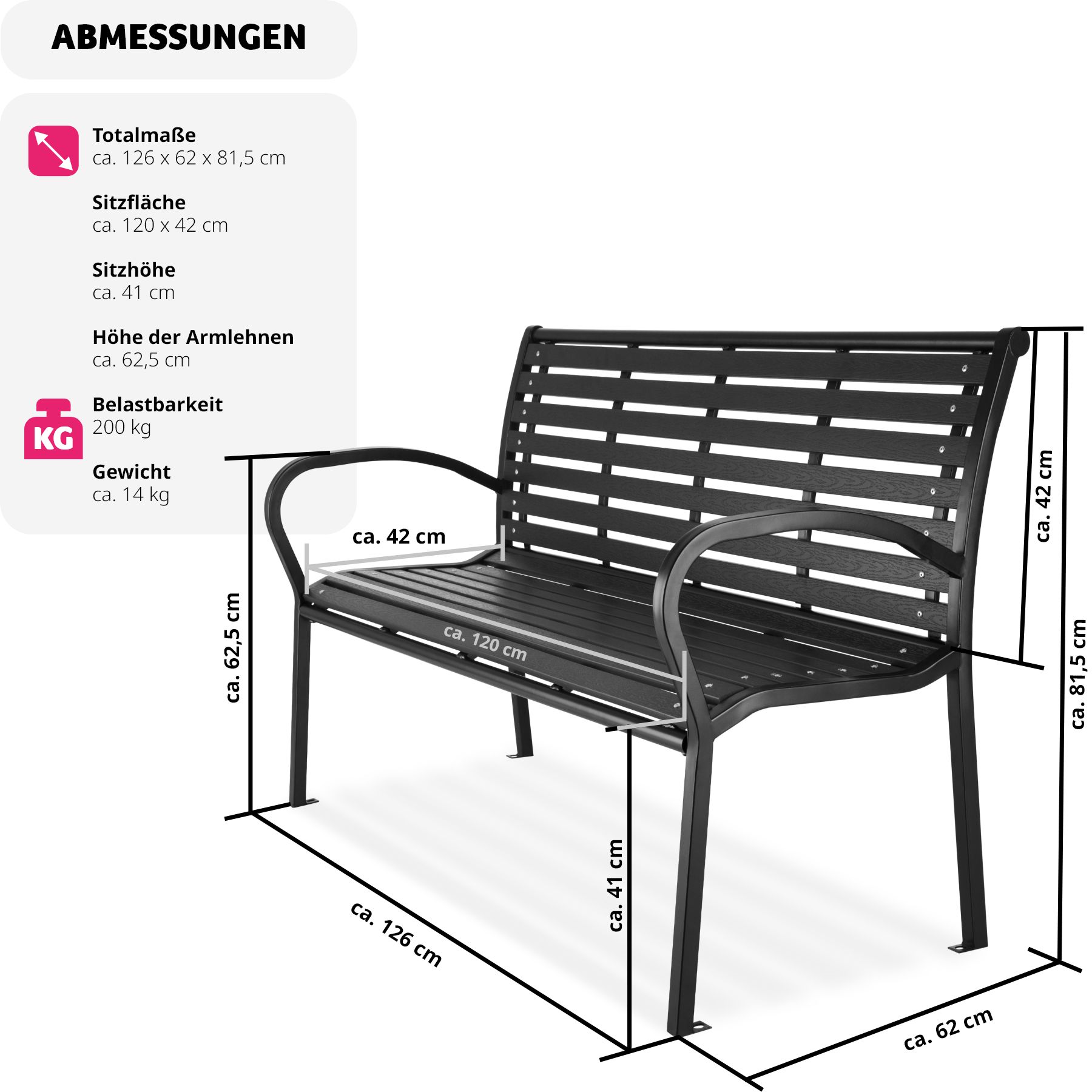 tectake® Gartenbank, 3-Sitzer, wetterfest, 126 x 62 x 81,5 cm