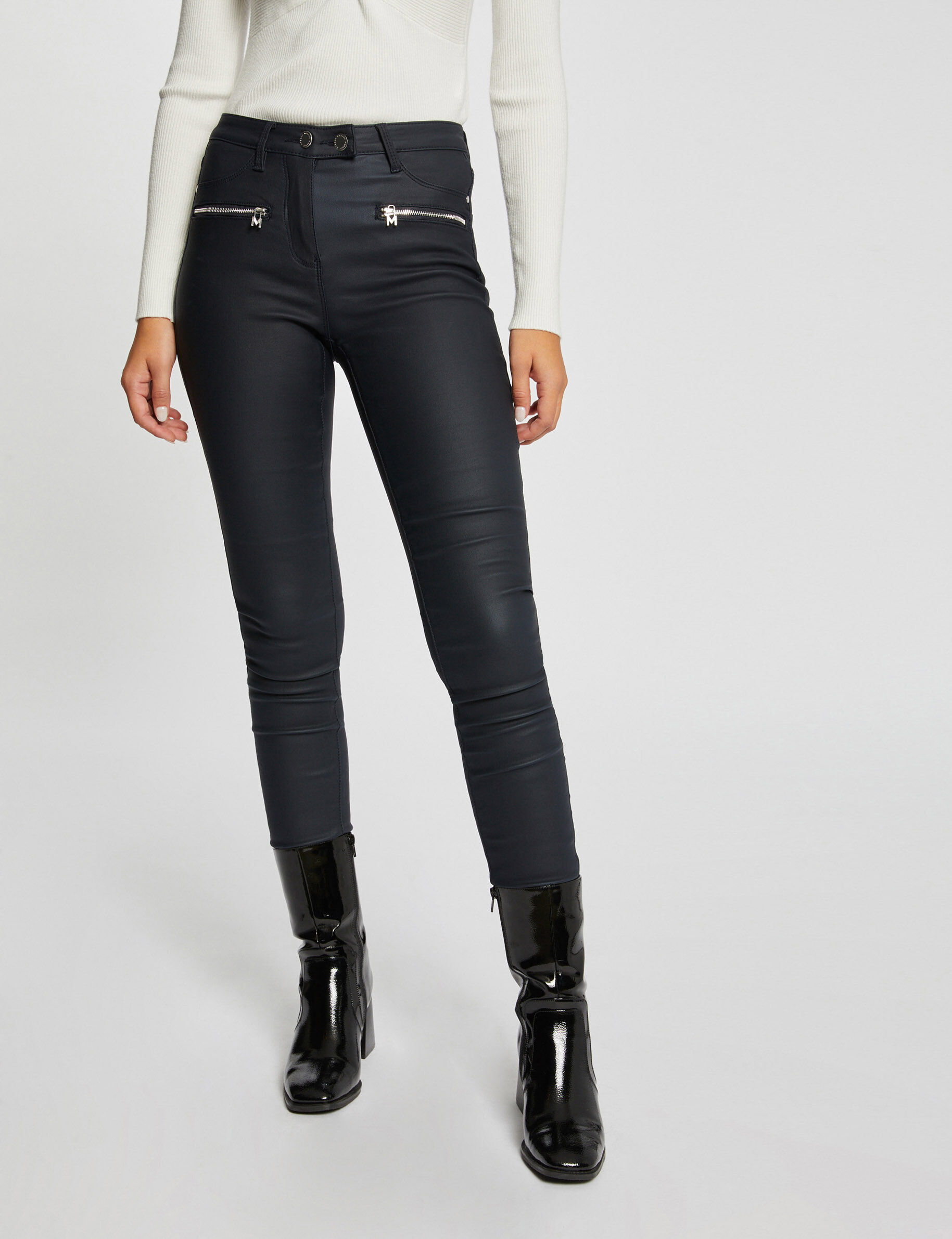 Pantalon skinny enduit détails zippés marine femme - marine