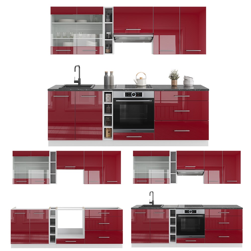 Vicco Küchenzeile Küchenblock Einbauküche Fame-Line Weiß Bordeaux Rot 235 cm modern Hochglanz Küchen Schränke Hängeglasschrank Hängeschrank Schubladenunterschrank Spülenunterschrank Herdumbauschrank