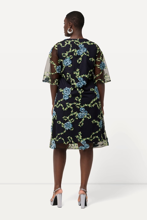 Kleid, Blütenstickerei, A-Linie, V-Ausschnitt, Halbarm