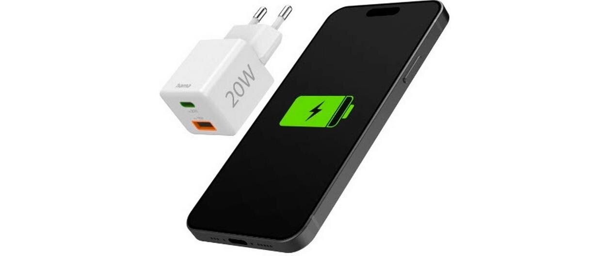 USB-Wandladegerät Gan charger USB-A USB-C 20 W WeissSchnellladegerät mit 1x USB-C und 1x USB-A