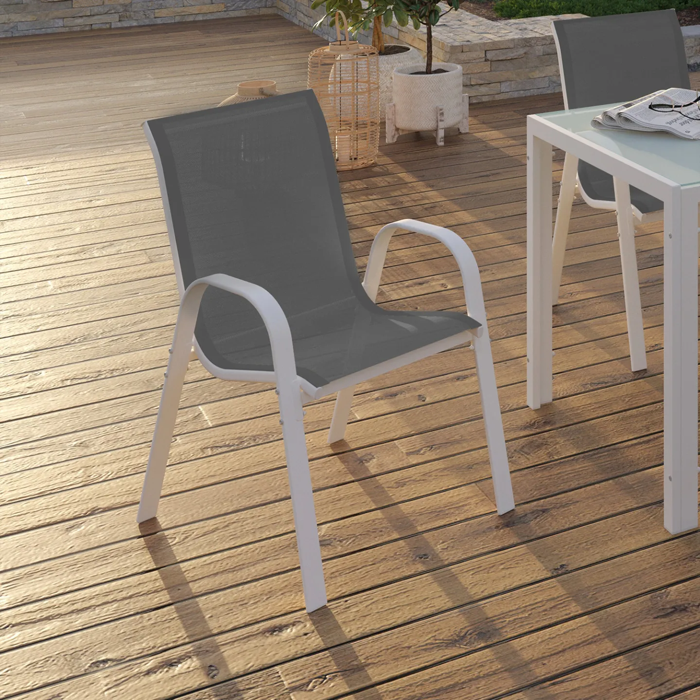 Lot de 6 chaises de jardin LYMA métal et textilène empilables blanc et gris