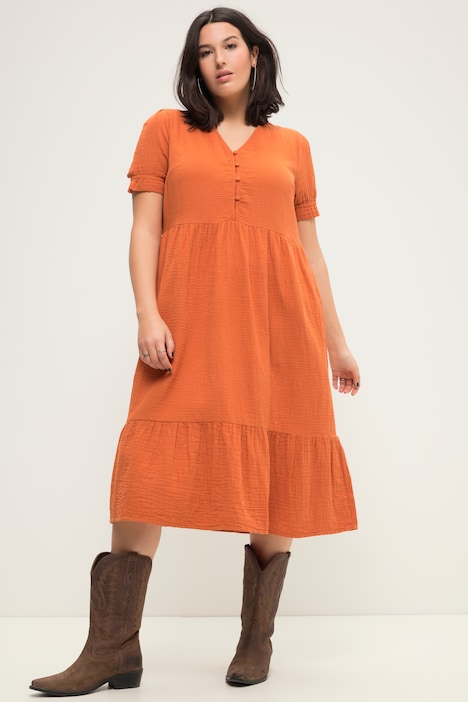Musselin-Midikleid, A-Line, V-Ausschnitt, Halbarm