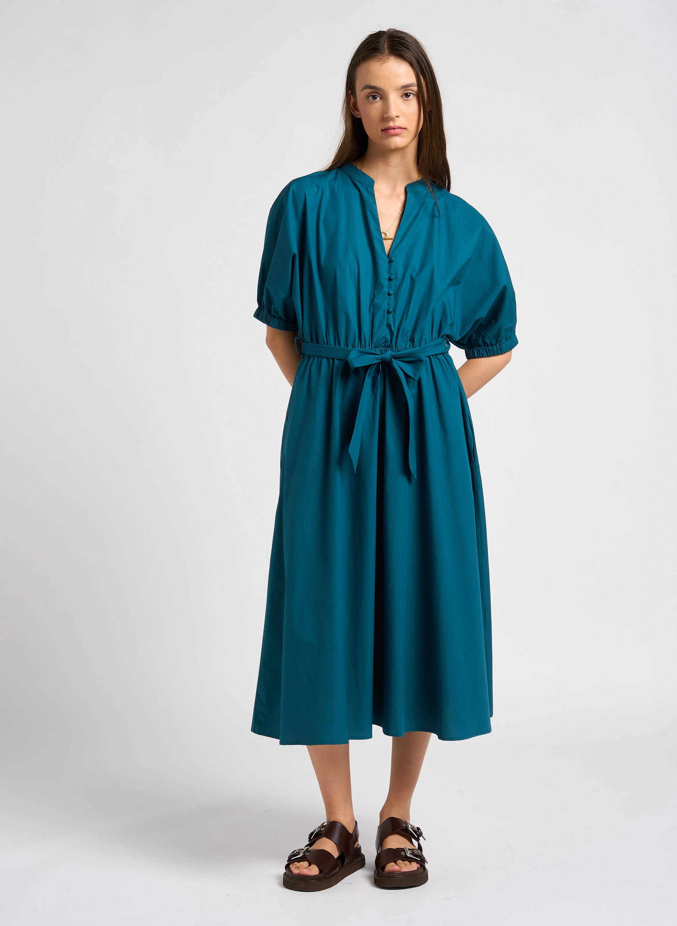 CORDELIA - Robe midi cintrée en coton| Bleu